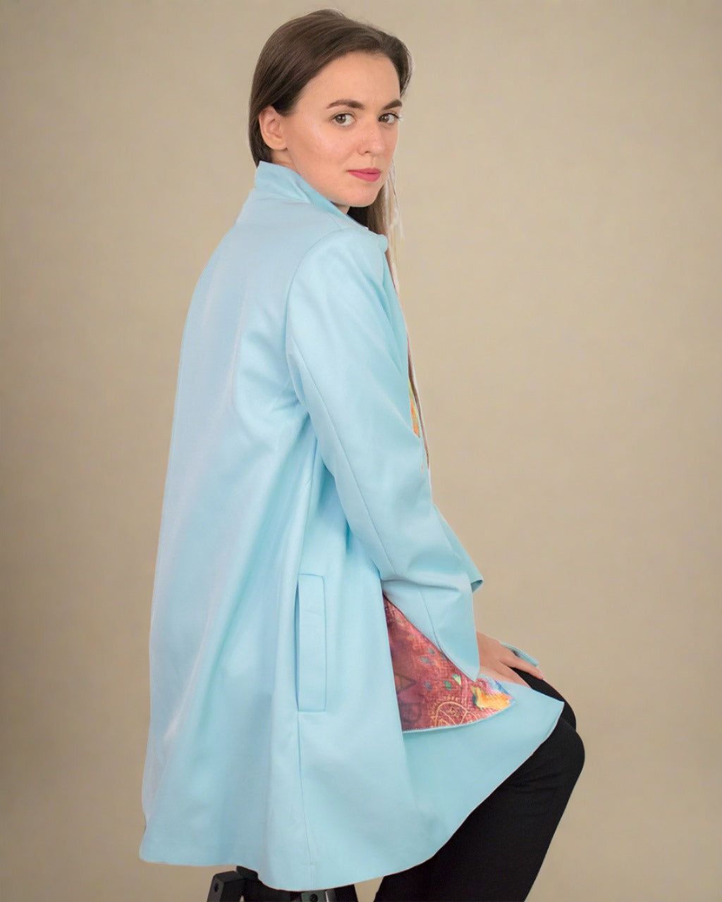 Baby blue a line oversized scarf spring gabardine coat Cardea by ADKN made in UK from sustainable recycled plastic bottles