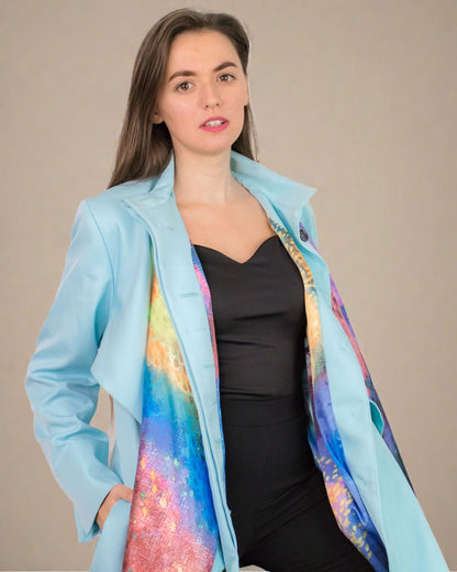 Pastel blue oversized trench coat Cardea by ADKN printed scarf detail from recycled plastic bottles satin perfect for spring