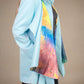 Side view of a line oversized pastel light blue print satin scarf gabardine Mac coat Cardea by ADKN perfect for spring