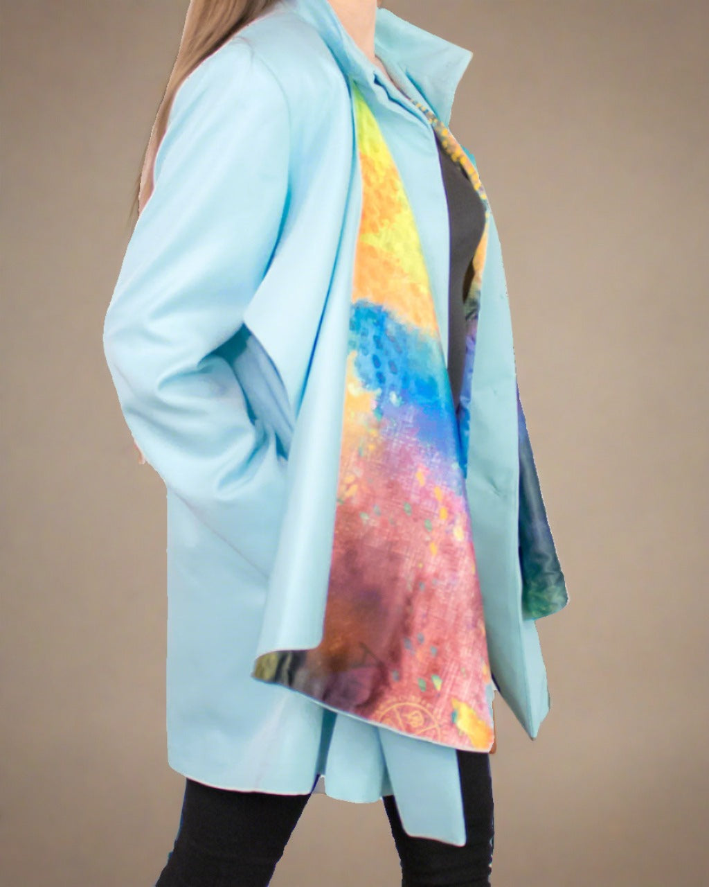 Side view of a line oversized pastel light blue print satin scarf gabardine Mac coat Cardea by ADKN perfect for spring