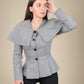 Peplum and cape detail of fitted Abbe Jacket with Corozo buttons by ADKN made from grey hemp perfect for office