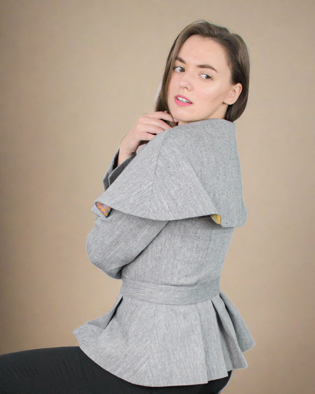 Sustainable grey tweed fitted cape Abbe Jacket blazer by ADKN ethically made from hemp in London perfect for spring